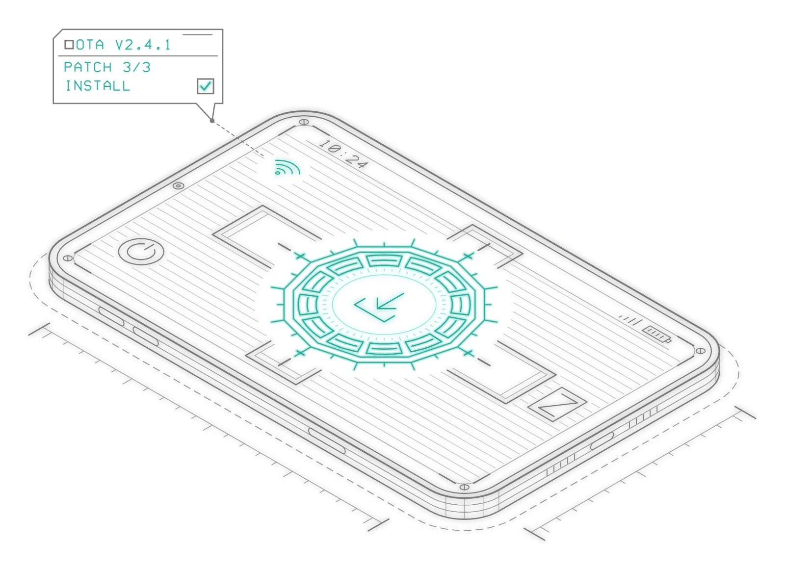 Device update: an update reaches the device, and the dial fills as it installs.