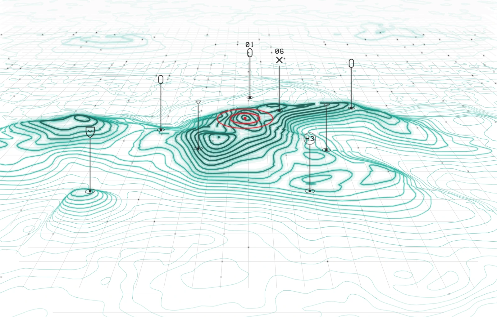 Terrain survey: the land rises out of flat ground, and a scan marks every site on it.