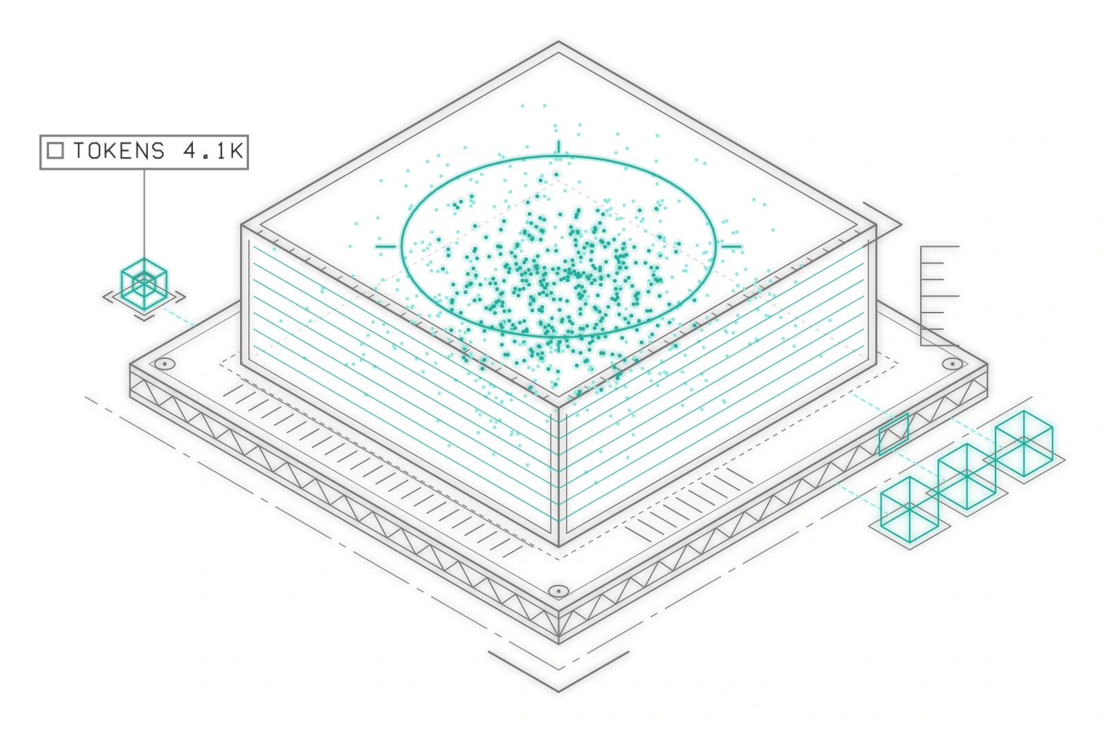 Compute: a request goes in, the chip lights layer by layer, and a result comes out.